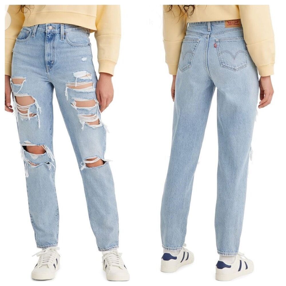 Levi's High Waisted Mom Jeans Deconstructed Indigo Tapered Distressed Size 30